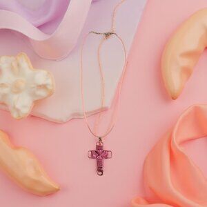 Pink Wire wrapped cross on thong necklace 18 inches